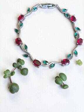 Gold Plated Red Green Gemstone Vine Bracelet Women’s Elegant Floral Design 8in